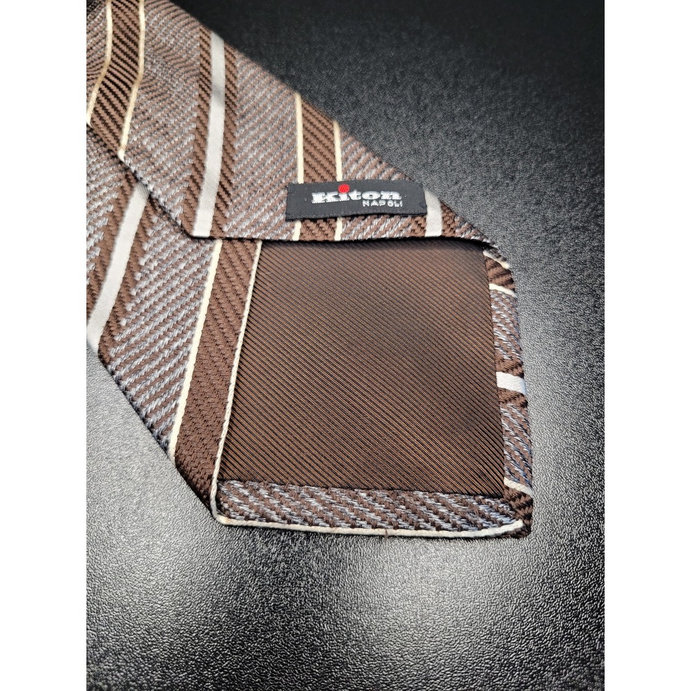 Kiton Men's Necktie Brown Grey Striped Silk 3.75" x 58" Excellent